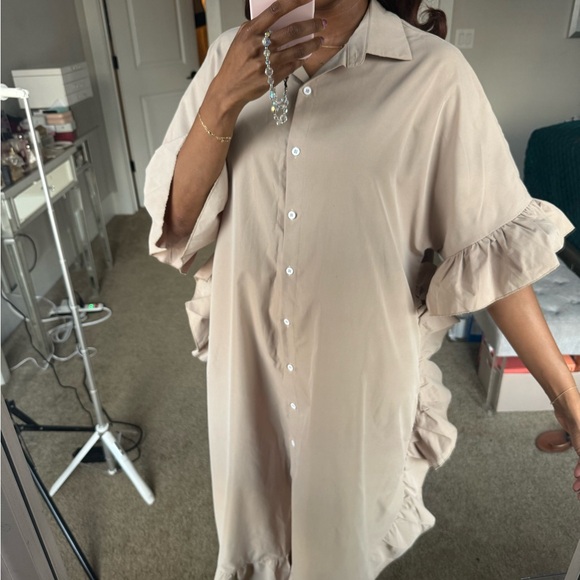 Women's Beige Ruffle Button-Down Dress - Picture 9 of 10